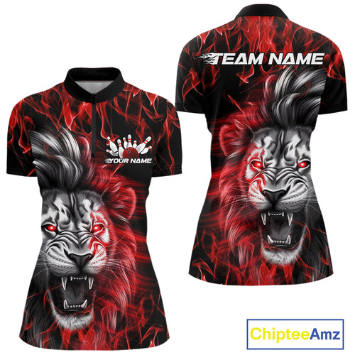 Custom Red Flame Lion Bowling Quarter-Zip Team Shirt For Women, Lion Bowling League Shirt IPHW9326