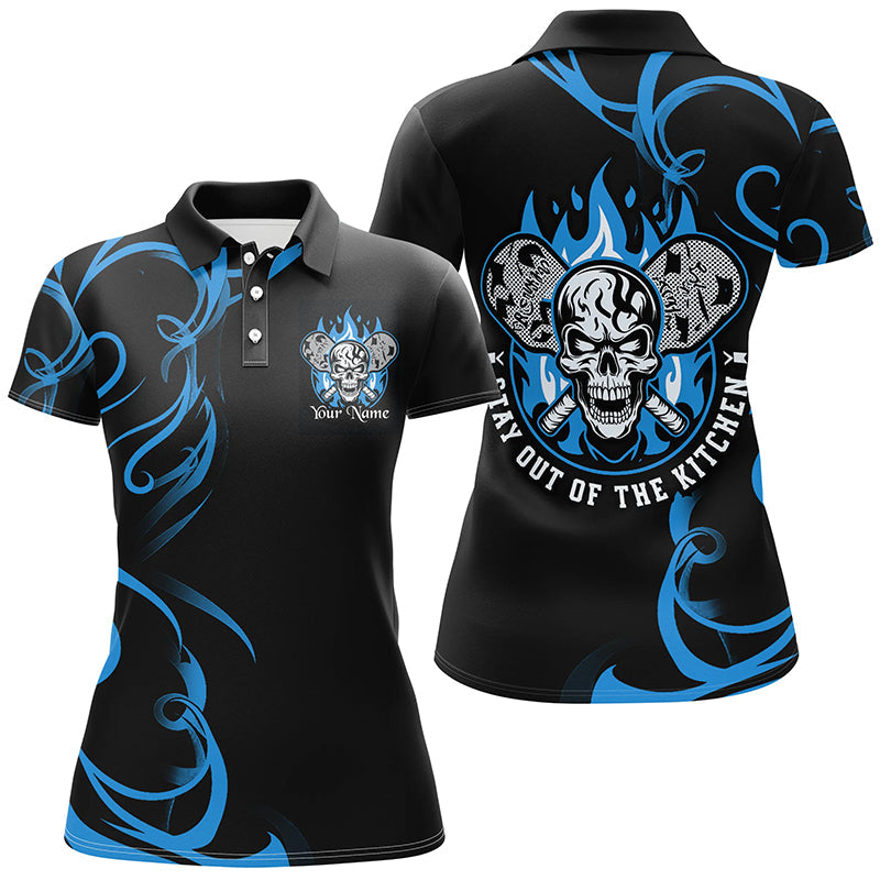 Custom Flame Skull Pickleball Polo Shirts For Women's "Stay Out Of The Kitchen" | Blue IPHW6910