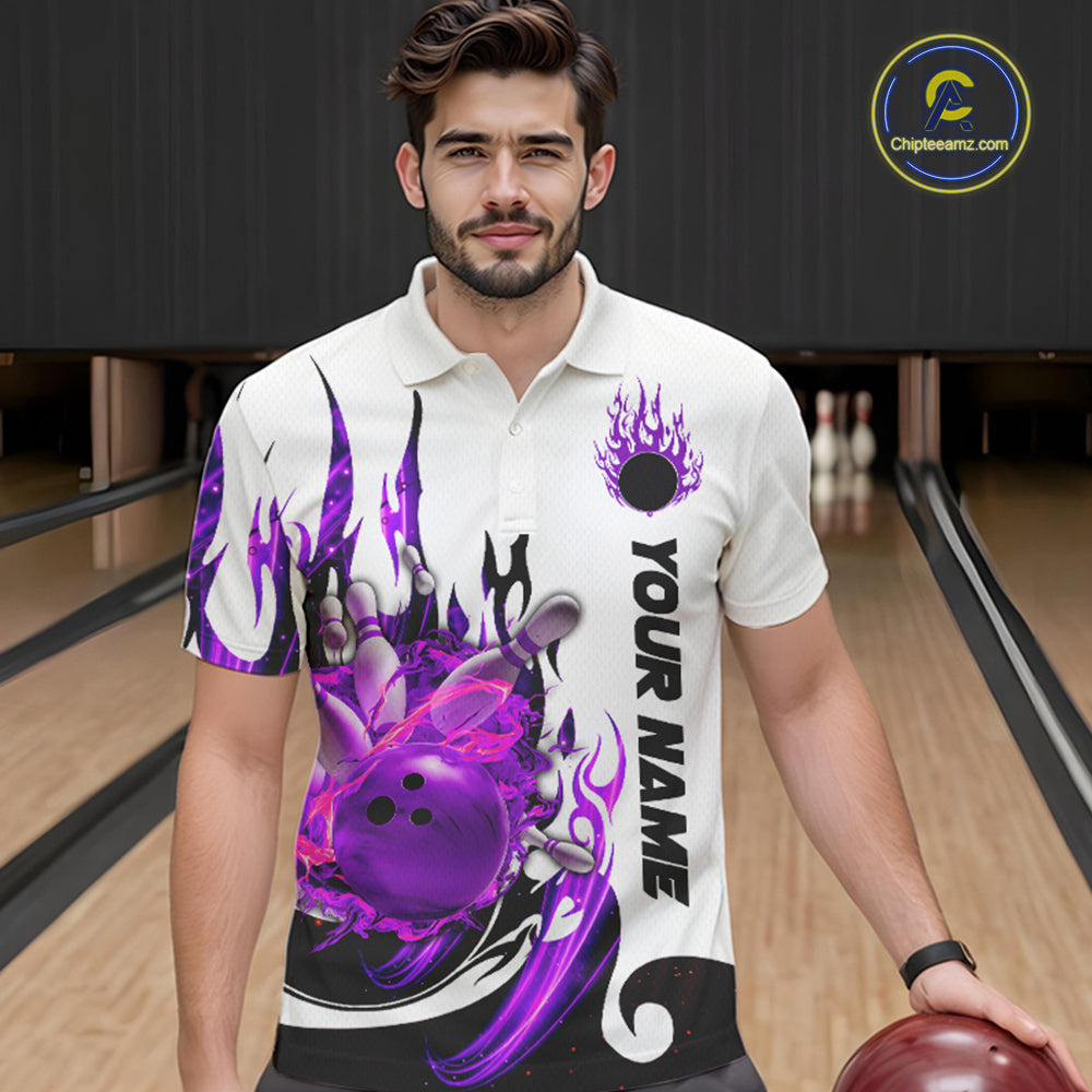 Custom Purple Flame Bowling Shirts For Men, Galaxy Bowling Team Shirts Bowling Uniform IPHW7084