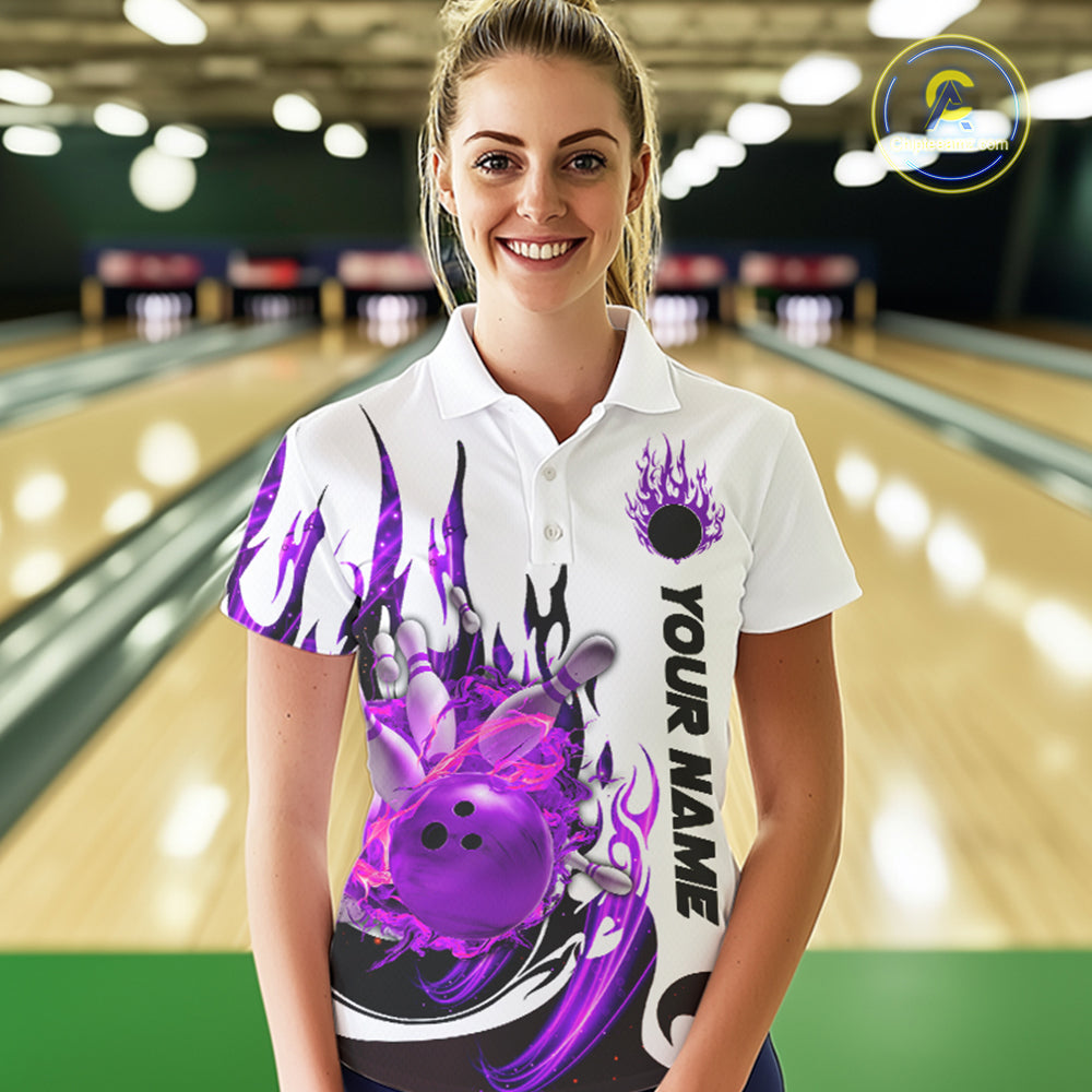 Custom Purple Flame Bowling Shirts For Women, Galaxy Bowling Team Shirts Bowling Uniform IPHW7084