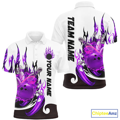 Custom Purple Flame Bowling Shirts For Men, Galaxy Bowling Team Shirts Bowling Uniform IPHW7084
