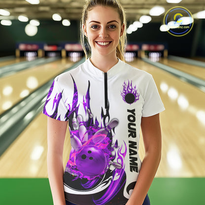 Custom Purple Flame Bowling Shirts For Women, Galaxy Bowling Team Shirts Bowling Uniform IPHW7084
