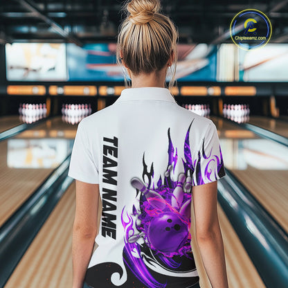 Custom Purple Flame Bowling Shirts For Women, Galaxy Bowling Team Shirts Bowling Uniform IPHW7084