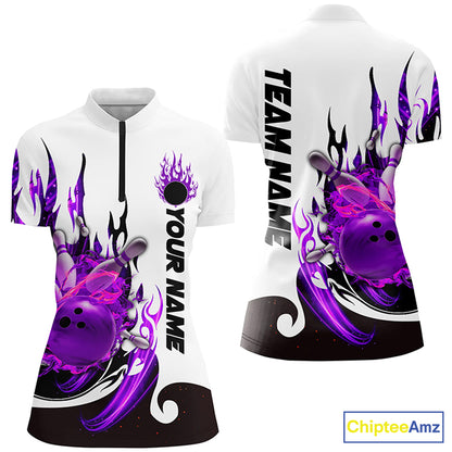 Custom Purple Flame Bowling Shirts For Women, Galaxy Bowling Team Shirts Bowling Uniform IPHW7084