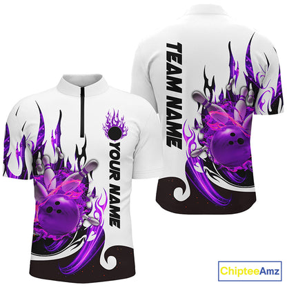 Custom Purple Flame Bowling Shirts For Men, Galaxy Bowling Team Shirts Bowling Uniform IPHW7084