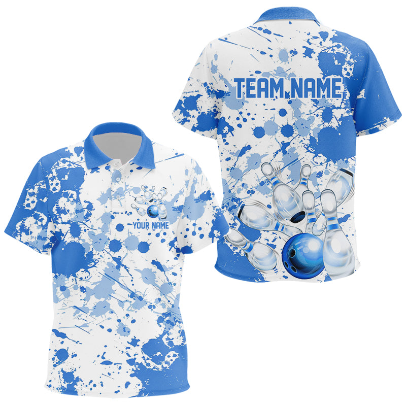Custom White And Blue Splatter Bowling Polo Shirts For Kid, Bowling Team Shirts With Name IPHW7918