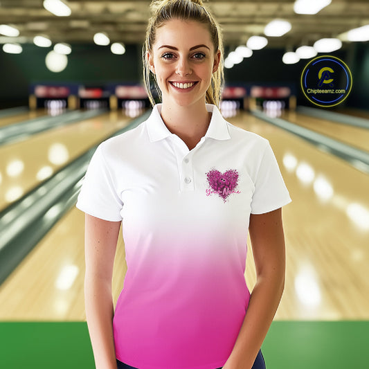 Custom Pink Butterflies Heart Bowling Team Women Polo Shirts, Ladies Bowling League Shirt IPHW10235