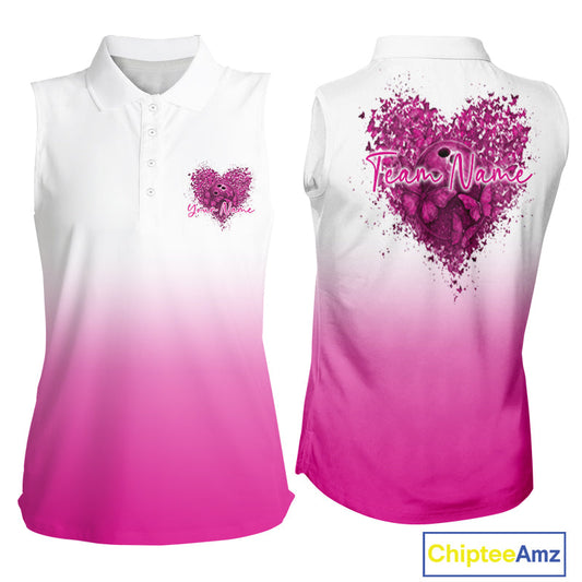 Custom Pink Butterflies Heart Bowling Team Women Sleeveless Shirts, Ladies Bowling League Shirt IPHW10235