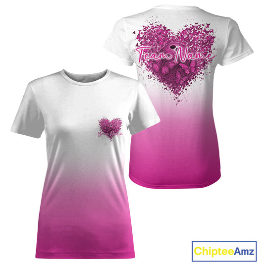 Custom Pink Butterflies Heart Bowling Team Women T-Shirts, Ladies Bowling League IPHW10235