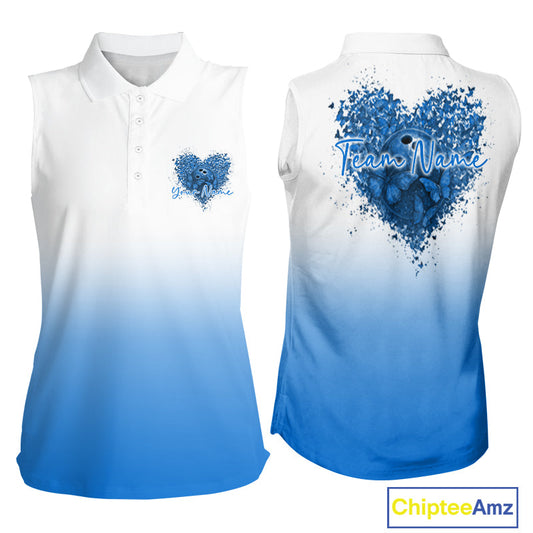 Custom Blue Butterflies Heart Bowling Team Women Sleeveless Shirts, Ladies Bowling League Shirt IPHW10236