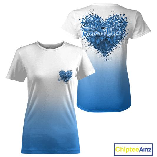 Custom Blue Butterflies Heart Bowling Team Women T-Shirts, Ladies Bowling League IPHW10236