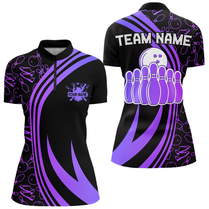 Black Women bowling shirts Custom Purple neon team league bowling jerseys, gifts for bowlers NQS9667