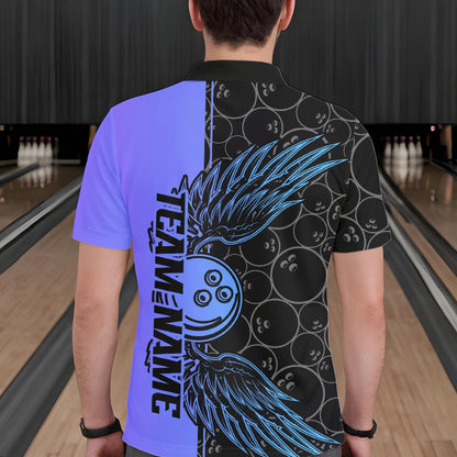 Blue And Purple Custom Bowling Tournament Men Polo Shirts, Bowling Ball And Wings Jerseys IPHW8845