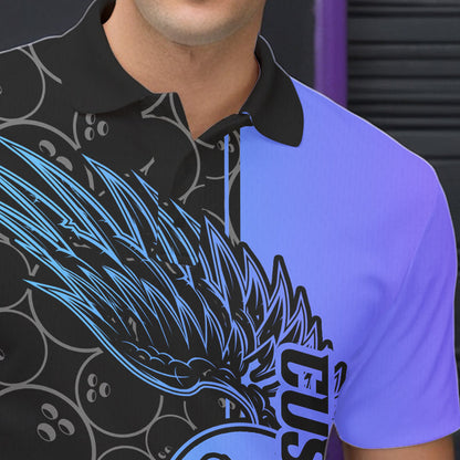 Blue And Purple Custom Bowling Tournament Men Polo Shirts, Bowling Ball And Wings Jerseys IPHW8845