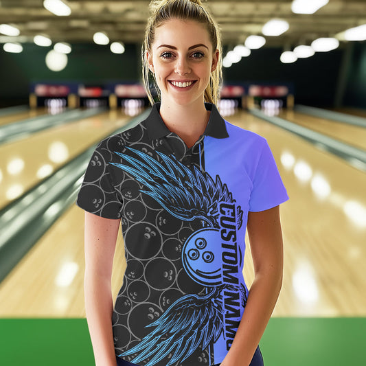 Blue And Purple Custom Bowling Tournament Women Polo Shirts, Bowling Ball And Wings Jerseys IPHW8845