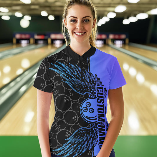 Blue And Purple Custom Bowling Tournament Women Quarter-Zip Shirts, Bowling Ball And Wings IPHW8845
