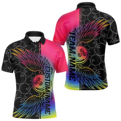 Colorful Rainbow Custom Bowling Tournament Men Polo Shirts, Bowling Ball And Wings Jerseys IPHW8846