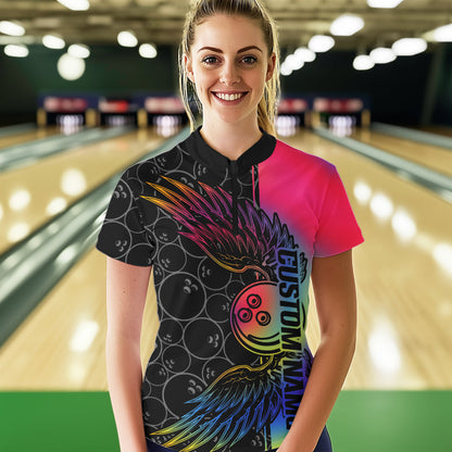 Colorful Rainbow Custom Bowling Tournament Women Quarter-Zip Shirts, Bowling Ball And Wings IPHW8846