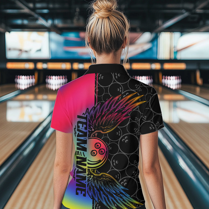 Colorful Rainbow Custom Bowling Tournament Women Quarter-Zip Shirts, Bowling Ball And Wings IPHW8846