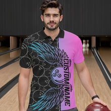 Load image into Gallery viewer, Blue And Pink Custom Bowling Tournament Men Polo Shirts, Bowling Ball And Wings Jerseys IPHW8847