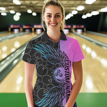 Load image into Gallery viewer, Blue And Pink Custom Bowling Tournament Women Polo Shirts, Bowling Ball And Wings Jerseys IPHW8847