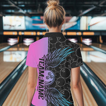 Load image into Gallery viewer, Blue And Pink Custom Bowling Tournament Women Polo Shirts, Bowling Ball And Wings Jerseys IPHW8847