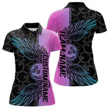 Load image into Gallery viewer, Blue And Pink Custom Bowling Tournament Women Polo Shirts, Bowling Ball And Wings Jerseys IPHW8847