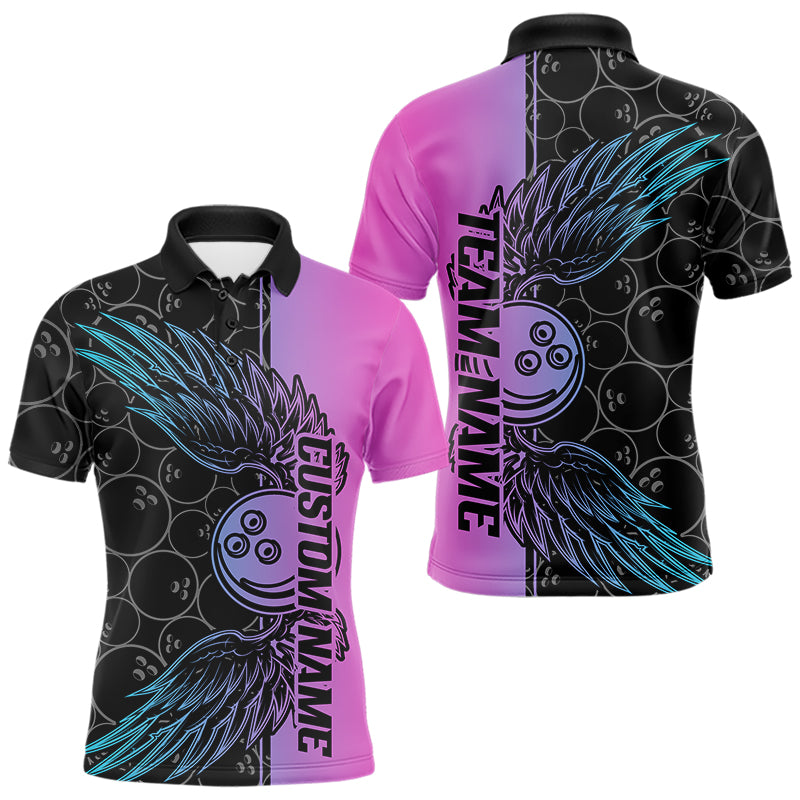 Blue And Pink Custom Bowling Tournament Men Polo Shirts, Bowling Ball And Wings Jerseys IPHW8847