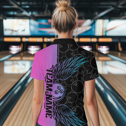 Blue And Pink Custom Bowling Tournament Women Quarter-Zip Shirts, Bowling Ball And Wings IPHW8847