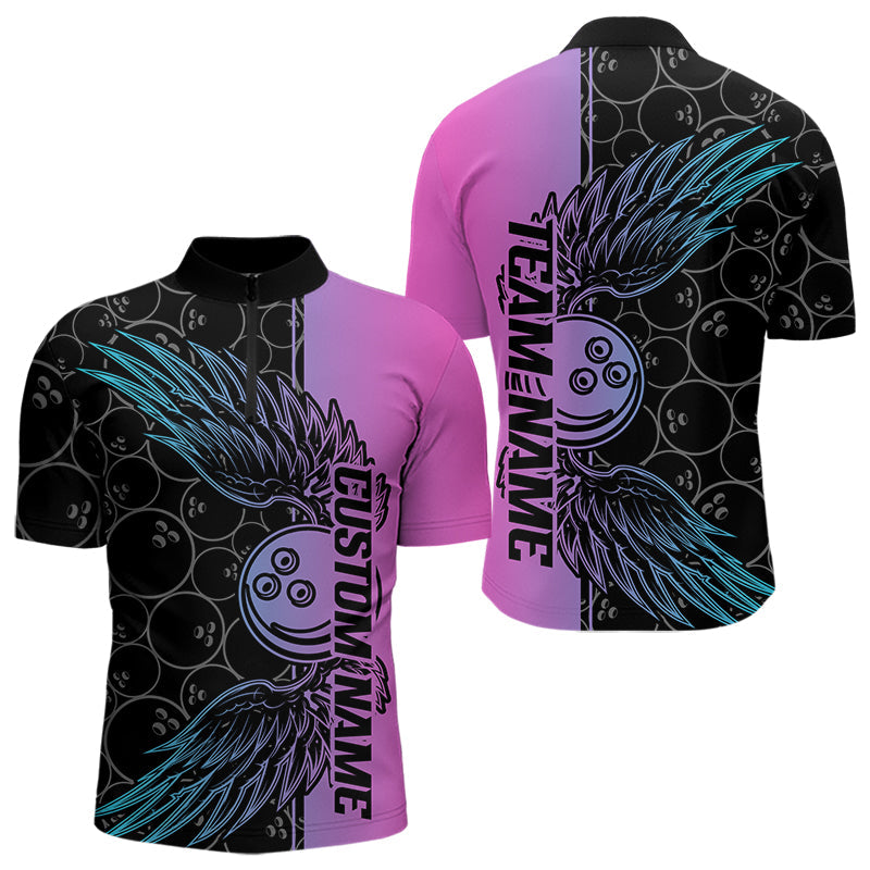 Blue And Pink Custom Bowling Tournament Men Quarter-Zip Shirts, Bowling Ball And Wings Jerseys IPHW8847