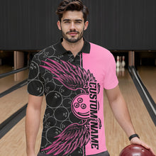 Load image into Gallery viewer, Black And Pink Custom Bowling Tournament Men Polo Shirts, Bowling Ball And Wings Jerseys IPHW8848