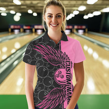 Load image into Gallery viewer, Black And Pink Custom Bowling Tournament Women Polo Shirts, Bowling Ball And Wings Jerseys IPHW8848