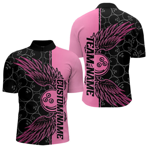 Black And Pink Custom Bowling Tournament Men Quarter-Zip Shirts, Bowling Ball And Wings Jerseys IPHW8848