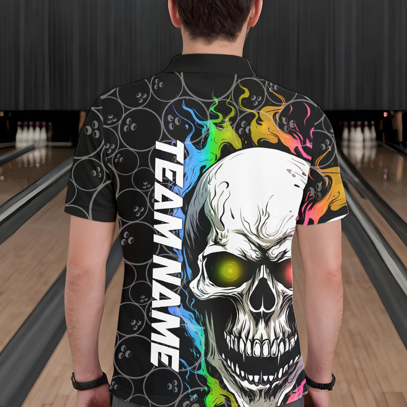 Custom Rainbow Color Flame Skull Bowling Men Polo Shirts, Bowling Pattern Team League Shirt IPHW8852