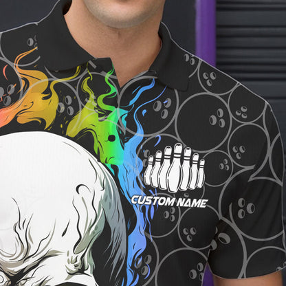 Custom Rainbow Color Flame Skull Bowling Men Polo Shirts, Bowling Pattern Team League Shirt IPHW8852