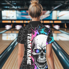 Load image into Gallery viewer, Custom Blue And Pink Flame Skull Bowling Women Polo Shirts, Bowling Team League Shirt IPHW8853