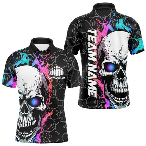 Custom Blue And Pink Flame Skull Bowling Men Polo Shirts, Bowling Pattern Team League Shirt IPHW8853