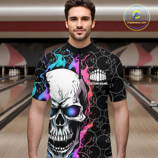 Custom Blue And Pink Flame Skull Bowling Men Quarter-Zip Shirts, Bowling Pattern Team League Shirt IPHW8853