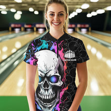 Load image into Gallery viewer, Custom Blue And Pink Flame Skull Bowling Women Quarter-Zip Shirt, Bowling Team League Shirt IPHW8853