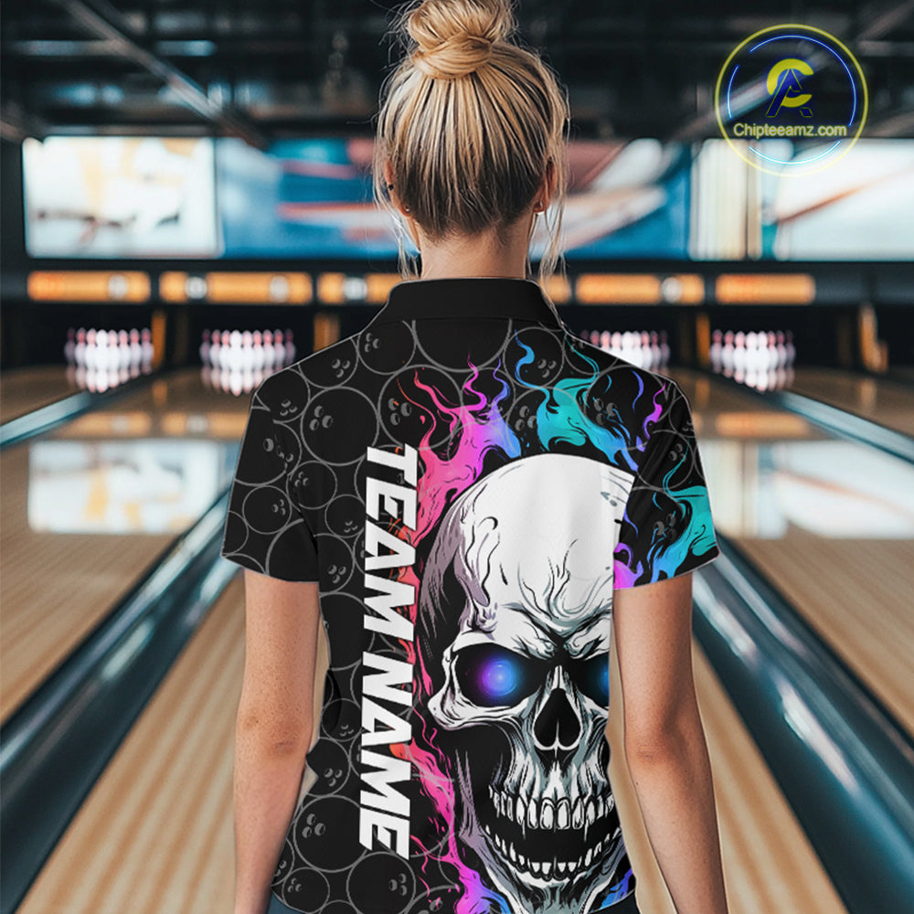Custom Blue And Pink Flame Skull Bowling Women Quarter-Zip Shirt, Bowling Team League Shirt IPHW8853