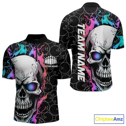 Custom Skull Bowling Quarter-Zip Shirt For Men,Flame Bowler Jerseys  5008IPHW