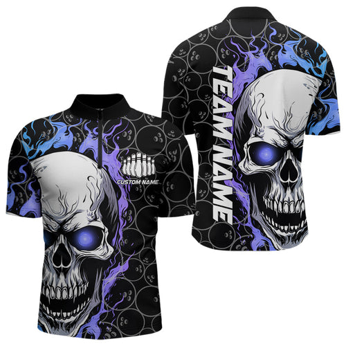 Custom Blue And Purple Flame Skull Bowling Men Quarter-Zip Shirts, Bowling Team League Shirt IPHW8854