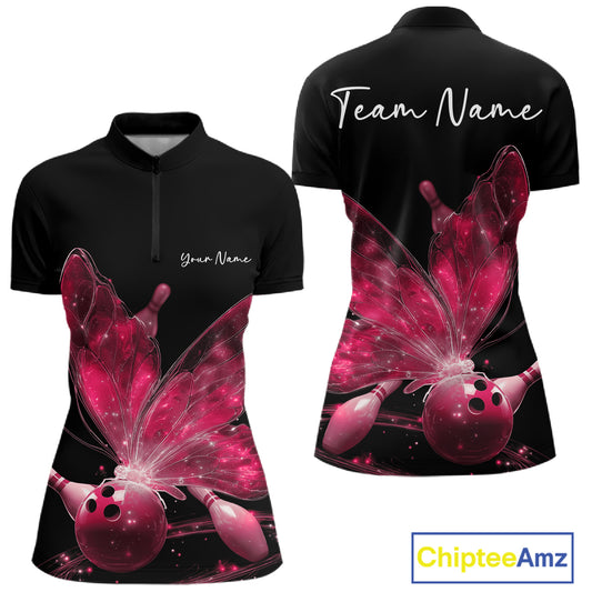 Custom Pink Galaxy Butterfly Bowling Women Quarter-Zip Shirts, Ladies Bowling Outfit IPHW10942