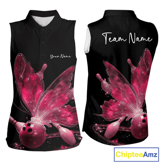 Custom Pink Galaxy Butterfly Bowling Women Sleeveless Polo Shirts, Ladies Bowling Team Outfit IPHW10942