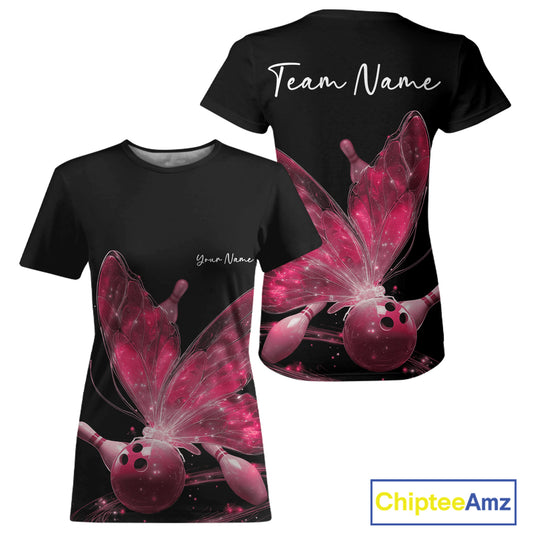 Custom Pink Galaxy Butterfly Bowling Women T-Shirts, Ladies Bowling Team Outfit IPHW10942
