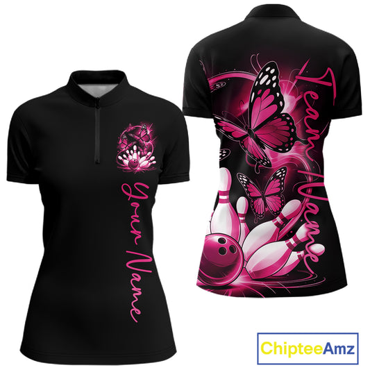 Custom Pink Butterfly Bowling Women Quarter-Zip Shirts With Team Name, Bowling Uniform IPHW10945