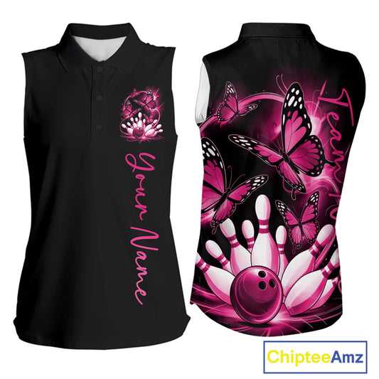 Custom Pink Butterfly Bowling Women Sleeveless Polo Shirts With Team Name, Bowling Uniform IPHW10945