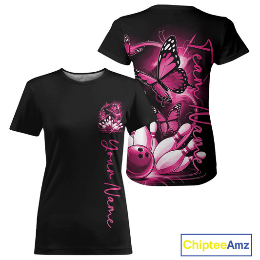 Custom Pink Butterfly Bowling Women T-Shirts With Team Name, Bowling Uniform IPHW10945