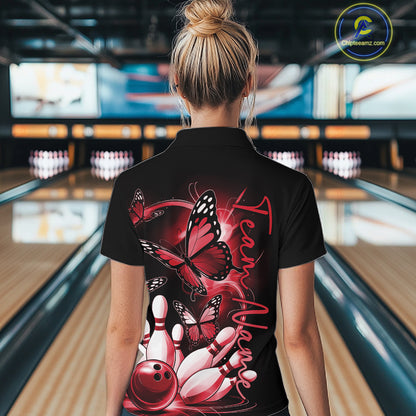 Custom Red Butterfly Bowling Women Quarter-Zip Shirts With Team Name, Bowling Uniform IPHW10946