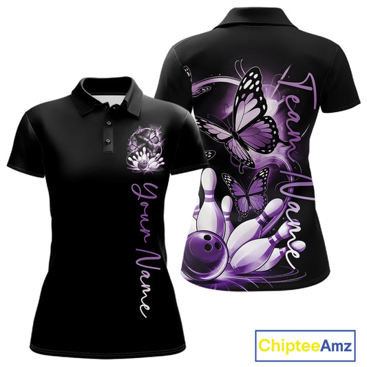 Custom Blue Butterfly Bowling Women Polo Shirts With Team Name, Bowling Uniform IPHW10947